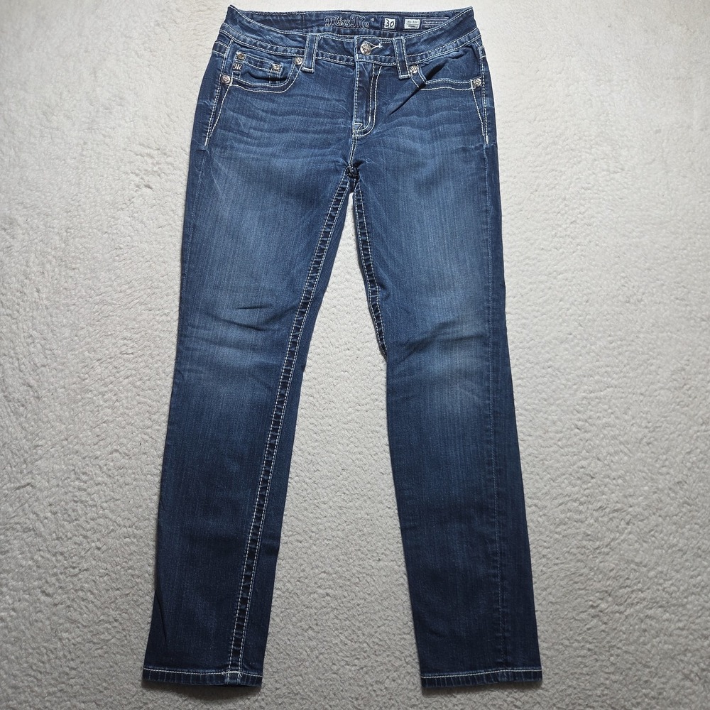 Miss Me Mid Rise Skinny Jeans Dark Wash Embroidered Rhinestone Size 30 - Picture 2 of 7